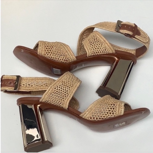 Robert Clergerie Natural Raffia Ankle Wrap Gold Block Heel Sandals 9 - Picture 4 of 9